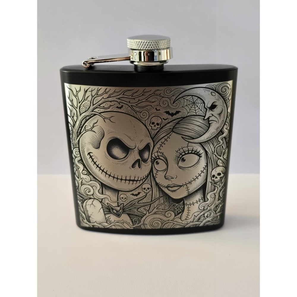 Nightmare Before Christmas Jack & Sally 6oz Engraved Hip Flask Black Disney